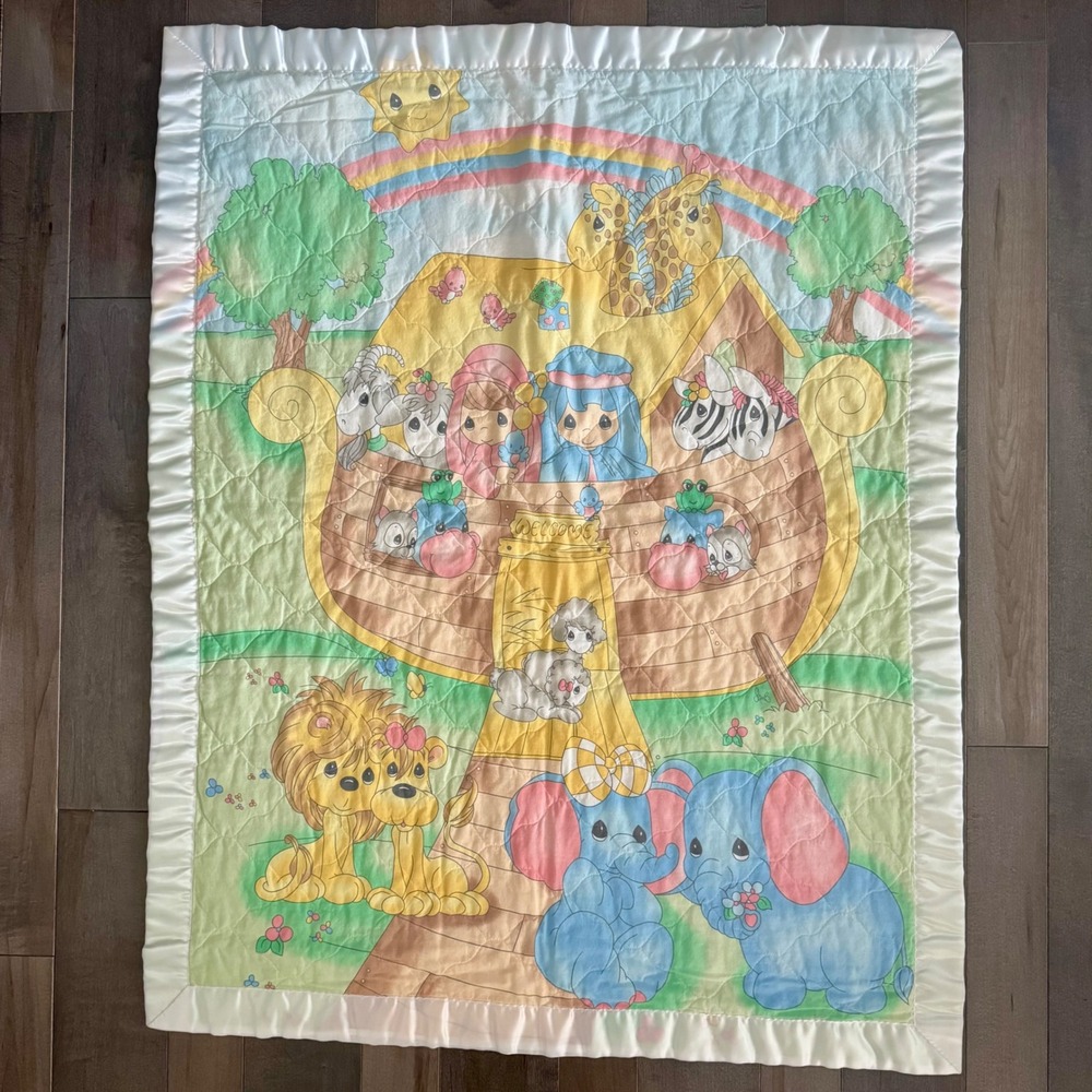 Precious Moments Noahs Ark Baby Quilt Satin Trim Ruffle Nursery Blanket Pastel